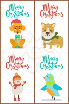 Merry Christmas collection with calligraphic headlines and birdie, dog and snowman in mittens, puppy in winter warm costumes vector illustration