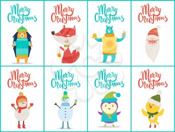 Merry Christmas, placards set depicting animals such as hedgehog, fox and bear, birds and snowman, dressed in warm clothes on vector illustration