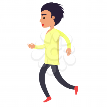 Running young man in yellow shirt and black trousers isolated on white. Vector illustration of jogging male person or just moving fast.