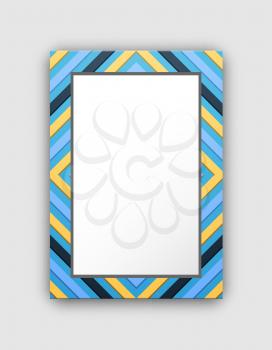 Photo frame with blue and yellow border and abstract geometric figures vector illustration isolated on white background. Empty creative pattern