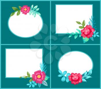 Set of postcards with flowers and twigs on dark blue background. Vector illustration with round and square frames decorated with pencil drawn herbs
