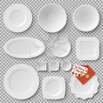 Collection of plates of different shapes and letter with merry Christmas, image of snowflake on vector illustration isolated on transparent background
