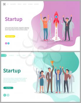 People launching rocket vector, startup business solution. Coworkers happy of successful beginning of project, colleagues with gold award triumph. Website or webpage template, landing page flat style