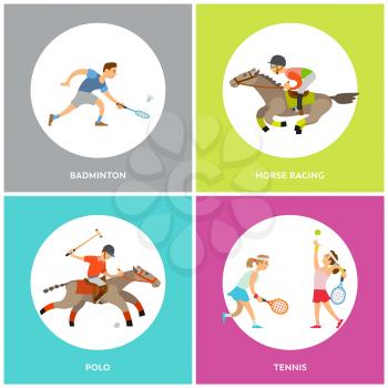 Badminton and polo, horse racing and tennis round icons, sporty people running or playing with racket and ball, men wearing helmet, competition vector