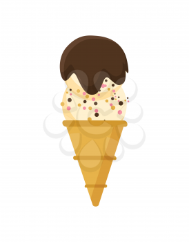 Ice cream dessert vector, freezing creamy food isolated gelato with tasty flavoured crisps and chocolate topping, meal for hot summer day crispy cone