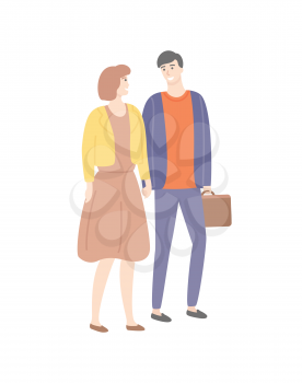 Man and woman holding hands vector isolated couple. Male and female in love, guy with suitcase, lady in dress, people in casual cloth walking and flirting