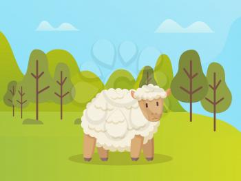 Sheep standing on green grass vector cartoon animal on background of green trees. Vector ewe in spring forest, cute curly childish mutton outdoors