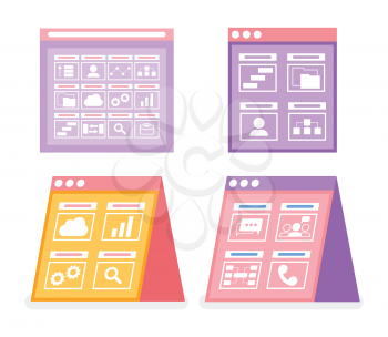 Screens with infographics and user icon vector. Profile and cell phone, telephone and magnifying glass, zoom and chatting sign on board, clipboard