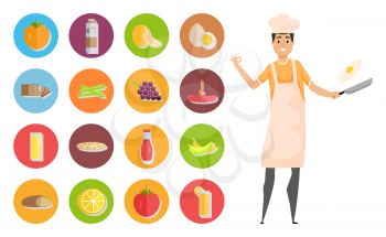 Kitchener in apron and cap holding frying pan. Round icons tomato, milk and melon, chocolate and egg, green and grape, sausage and pizza, culinary vector