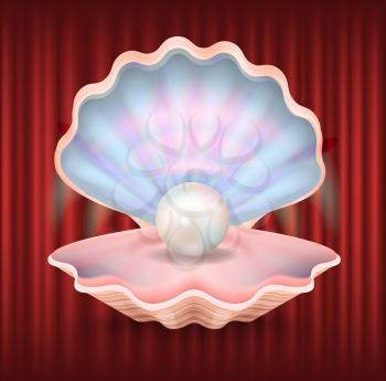 Mollusk with pearl vector, expensive luxury jewelry products. Shining seashell with round object inside. Red curtain background, presentation of product. Red curtain theater background