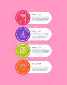 Infographic objects, poster with collection of icons and text sample with lettering, strongbox and chess figure, human and brain, vector illustration