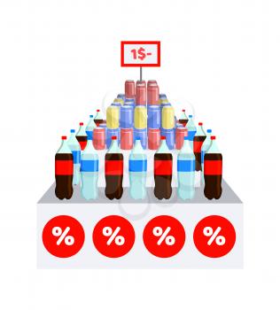 Supermarket sale on water, plastic bottles with liquid and beverages, offer and clearance, items with labels, vector illustration isolated on white