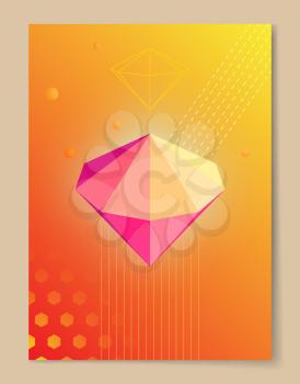 Shiny iridescent pink luminous diamond cartoon vector illustration on bright abstract poster with orange gradient background and geometric patterns.