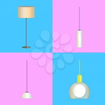Modern stylish floor lamp and minimalistic chandeliers in beige and white plafonds isolated cartoon vector illustrations set on bright background.