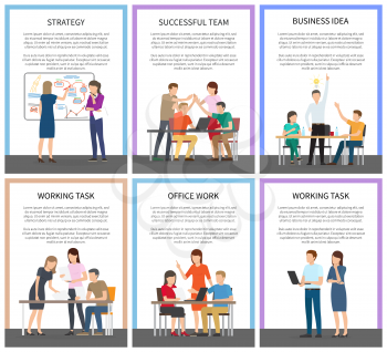 Office teamwork and working tasks promotional posters with executive employees involved in work process isolated cartoon vector illustrations set.