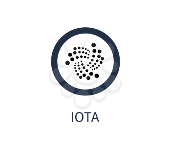 Iota cryptocurrency icon and title, symbol made of dots, digital asset, sign in circle and headline, vector illustration isolated on white background