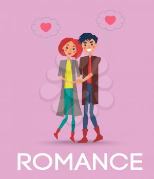 Sweet romance couple and cumulus clouds with two hearts on pink background. Vector illustration of red-haired female and smiling male.