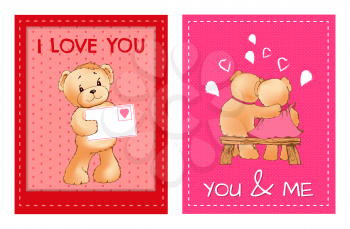 Valentines day postcards with cute fluffy bears that holds envelope, couple that sits on bench and I love you sign cartoon flat vector illustrations.