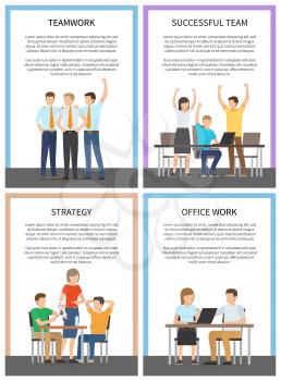 Set office team work successful strategy cards vector illustration with happy employees and discussion questions workers isolated on white backdrop