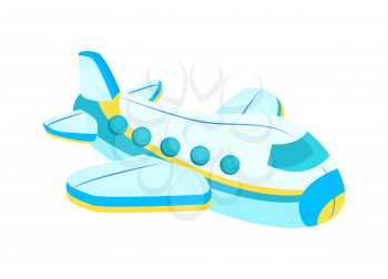 Plane with windows toy of Santa Claus factory, icon of airplane of blue and yellow colors, present for children isolated on vector illustration