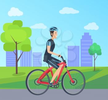 Male riding on bike at city park vector illustration on background of skyscrapers. Man in helmet, suit in blue and black color on bicycle in flat style