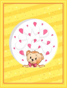 Valentines day postcard template with teddy bear in bow on neck inside circle with pink feathers cartoon vector illustration on yellow background.