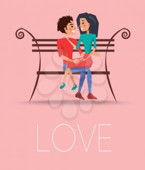 Love poster with happy couple sitting on bench, girl on boys knees vector illustration greeting card with dating lovers isolated on pink background