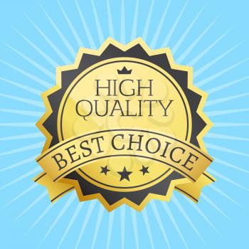 High quality best choice stamp golden label reward award vector illustration in black and gold colors with stars isolated on blue background with rays