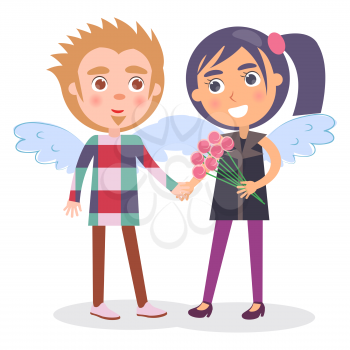 First date teenage couple in angel wings, boy presents flowers to girl, vector illustration Valentine s Day greeting card isolated on white background
