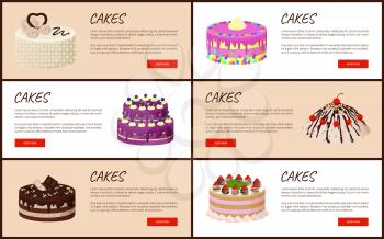 Cakes variety delicious desserts, web page for online shopping with text, sweet bakery with cream, banners isolated on vector illustration