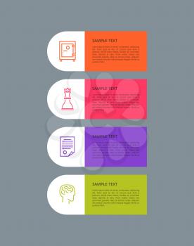 Infographic elements set, icons of circular shape with text sample and letterings, papers and strongbox, chess figure, isolated on vector illustration