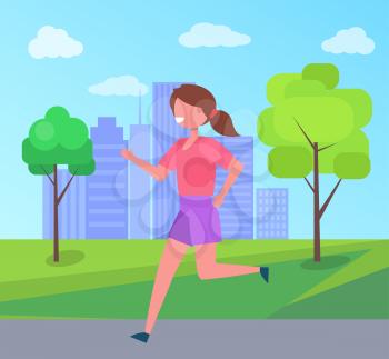 Girl running in city park on background of skyscrapers and green trees vector illustration female character in cartoon style, woman jogger with ponytail