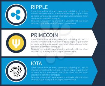 Blue ripple, yellow primecoin and monochrome iota round symbols with sample texts as description cartoon flat vector illustration on blue background.