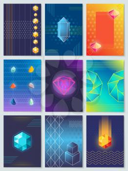 Diamonds and stones collection, posters with precious minerals and rocks connected to each other, vector illustration isolated on grey background