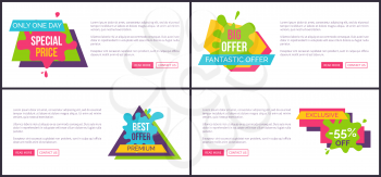 Only today special price, big and fantastic offer, set of internet pages with headlines in geometric shapes, text and buttons vector illustration