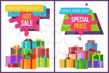 Premium quality hot sale, special price only one day, set of placards with lots of boxes with ribbons and bows and titles vector illustration