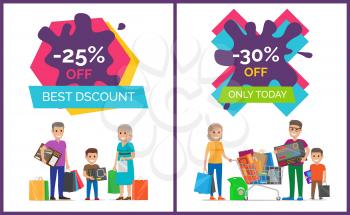 Best discount -25 off, -30 off only today, posters with buyers and shoppers standing with bags and packages and smiling vector illustration