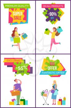 Premium quality on all products, big and fantastic offer, poster depicting running women with bags, lady with cart and man vector illustration