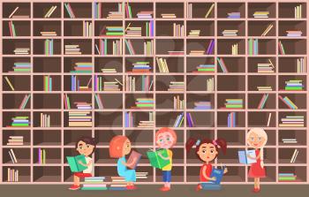Little girls and boys stand and sit beside huge bookcase full of books with colorful covers in library and read vector illustration.