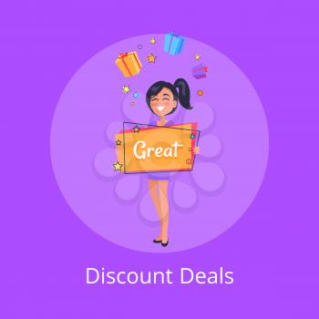 Discount deals poster with smiling girl dreaming about boxes with presents holding billboard in hand with text great vector with woman and sale banner