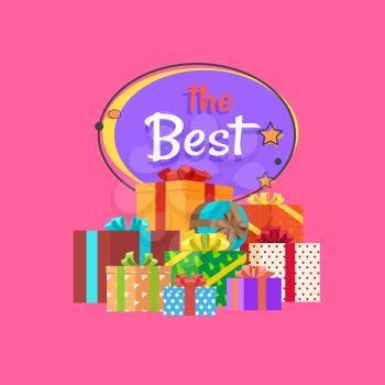 The best night sale banner with abstract moon and stars vector poster isolated on pink background with piles of presents gift boxes in color wrapping