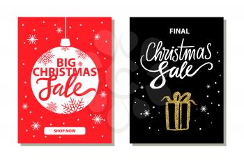 Shop now, big christmas sale, promotional banners of red and black colors with icons of ball that is also a frame and present on vector illustration