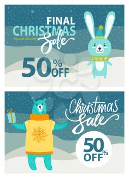 Final Christmas sale, set of placards with letterings and titles, images of rabbit and bear wearing yellow knitted sweater on vector illustration