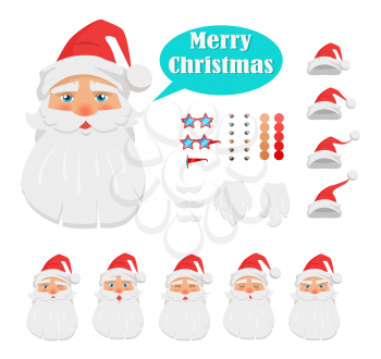 Merry Christmas collection of Santa Claus face icons. Create your Santa character. Various emotions on face. White mustache and beard, red hat, eyes of different colors and glasses front view vector