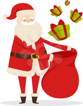 Preparing Christmas presents with Santa Claus. Vector illustration of many green gifts decorated by red ribbon packing in big sack. Old man in warm costume as element of decor for big supermarkets.