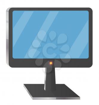 Computer screen on stand vector illustration isolated on white. Blue display monitor, digital tv set service icon in flat style