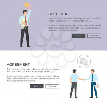 Best idea and agreement, people handshake and interchange, men with price and electric bulb in hands vector illustration web page