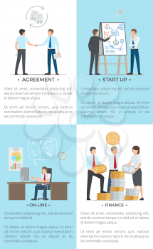 Business set of posters vector illustration of white-collar workers shaking hands, giving presentation, working in office and holding large coins