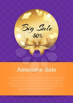 Awesome sale -50 off golden label with round blurred elements vector illustration with gold bow isolated on poster on purple background, place for text