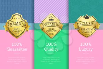 100 guarantee quality luxury set of posters with golden labels, certificate stamps isolated on abstract backgrounds vector guarantee stickers